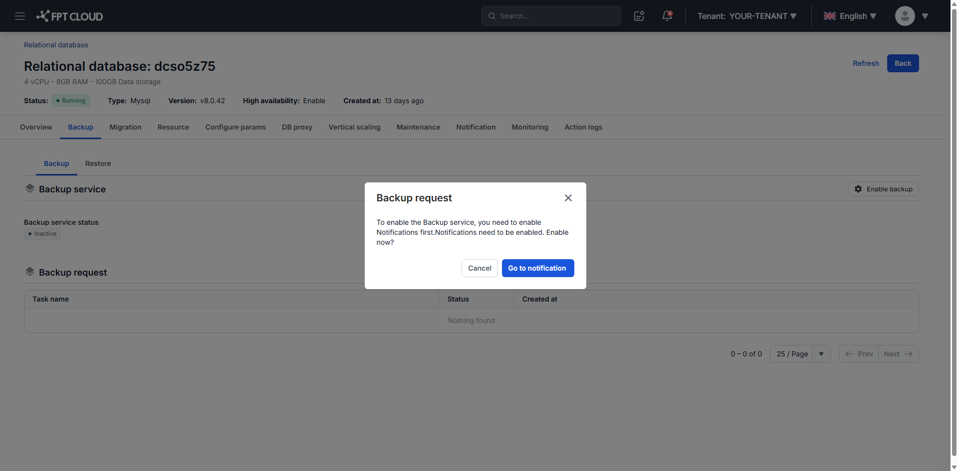 Dialog prompting you to configure Notification before enabling backup