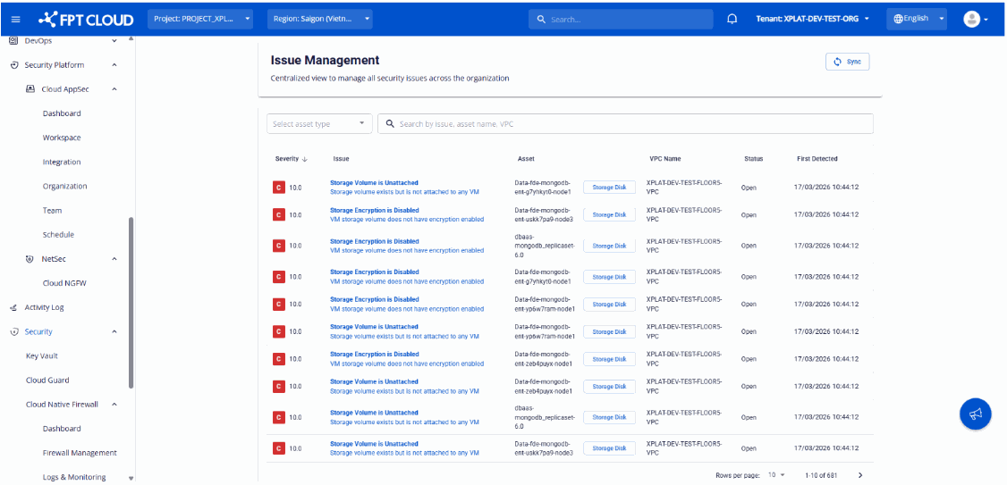 Issue List showing severity, issue name, asset, and status columns