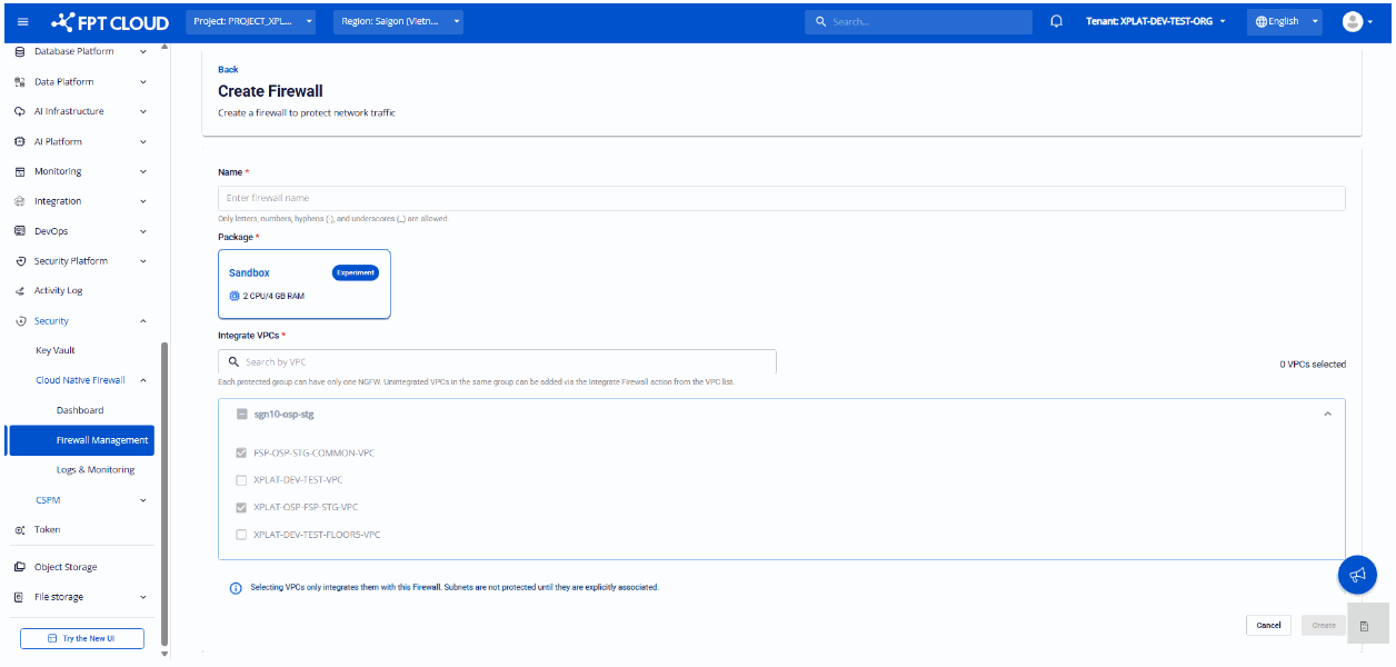 Create Firewall form