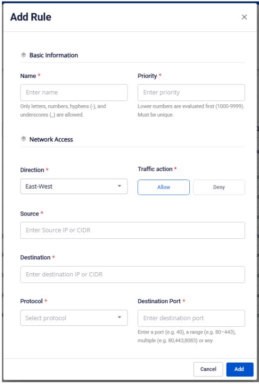 Add Rule popup