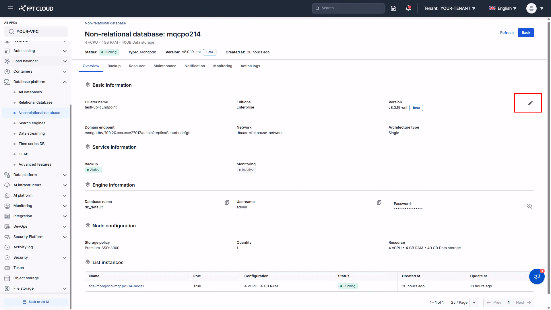 Upgrade icon next to the version on the Overview page
