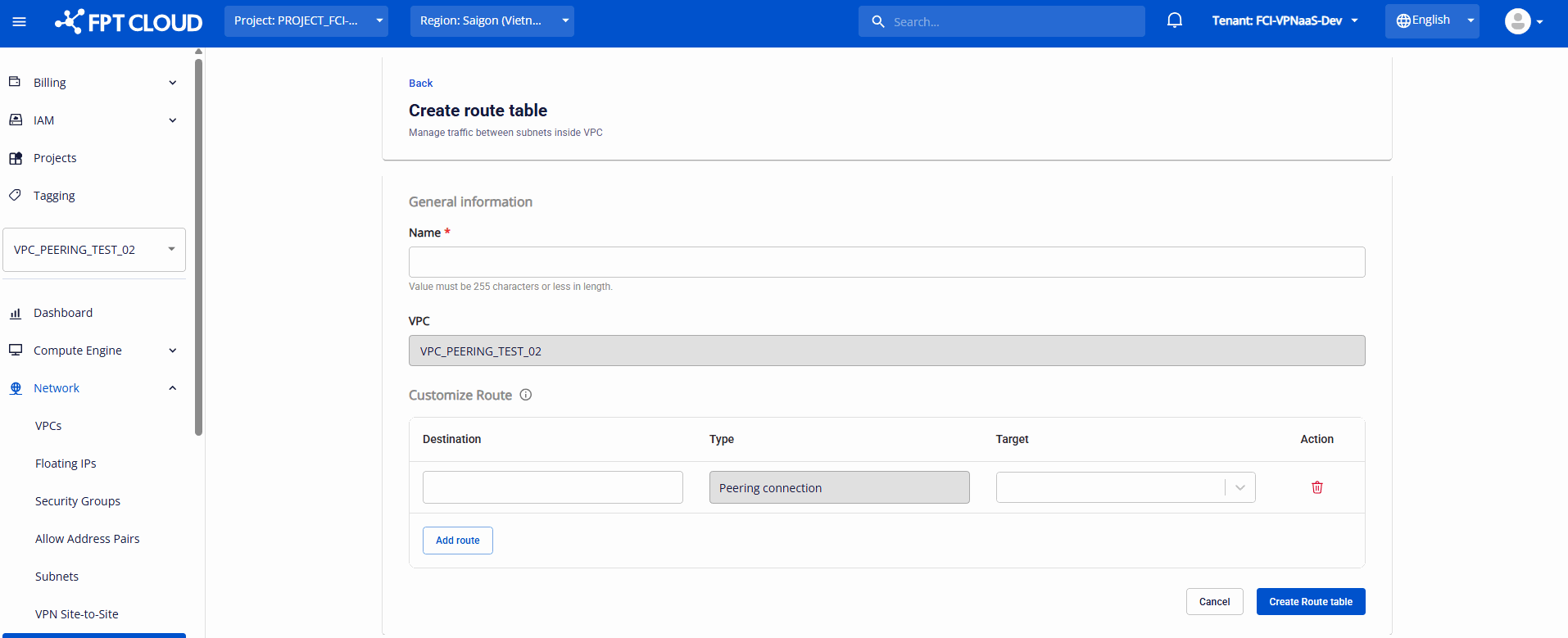 Create Route Table form