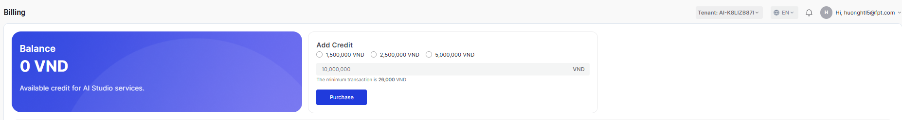 Purchase credit dialog with recommended amounts and custom amount input
