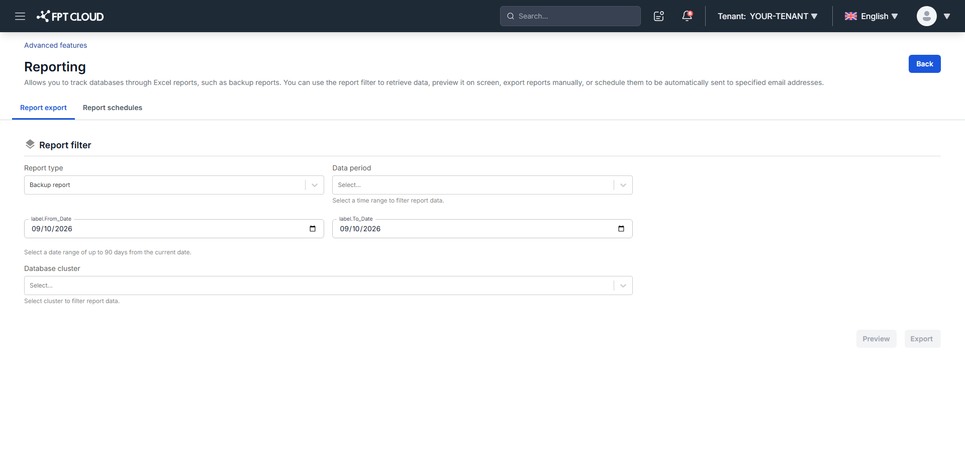 Report Export tab with filter fields