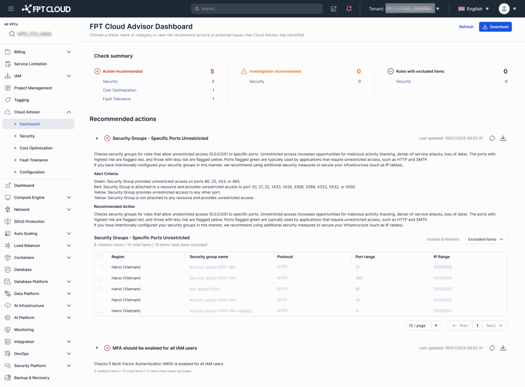 Cloud Advisor dashboard showing action recommended, investigation recommended, and rules with excluded items