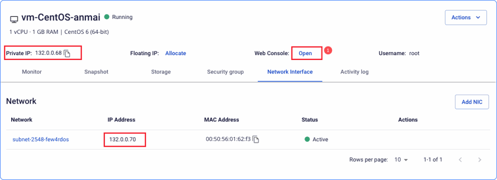 NIC information for a CentOS VM on FPT Cloud Portal