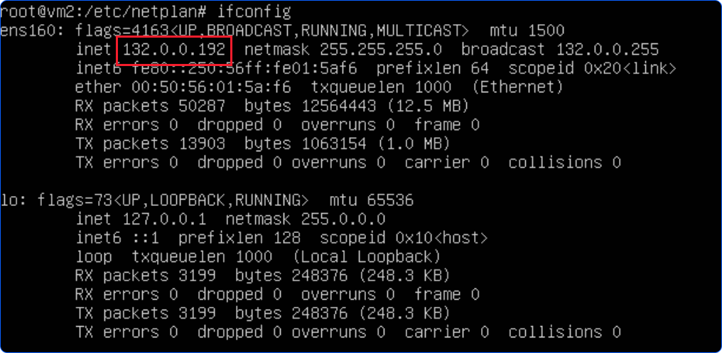 Output of ifconfig command in the Ubuntu VM Console