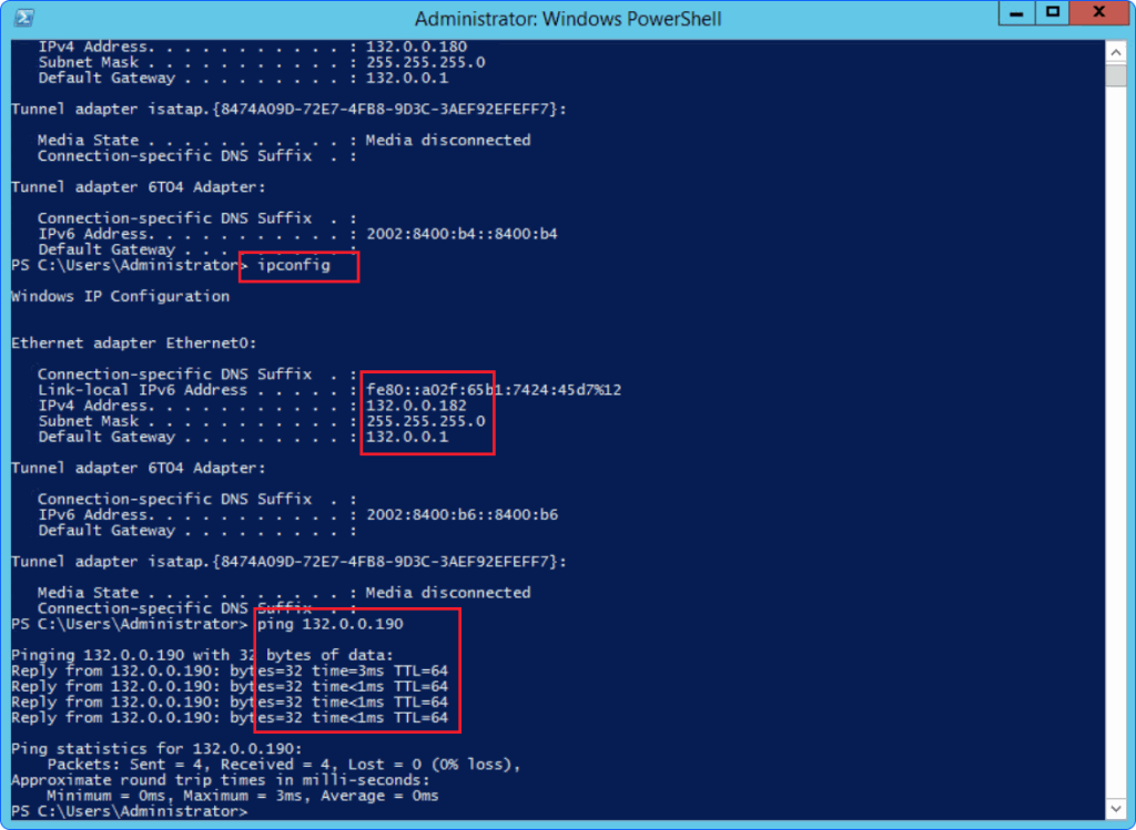 Verification of new IP settings and ping test in PowerShell