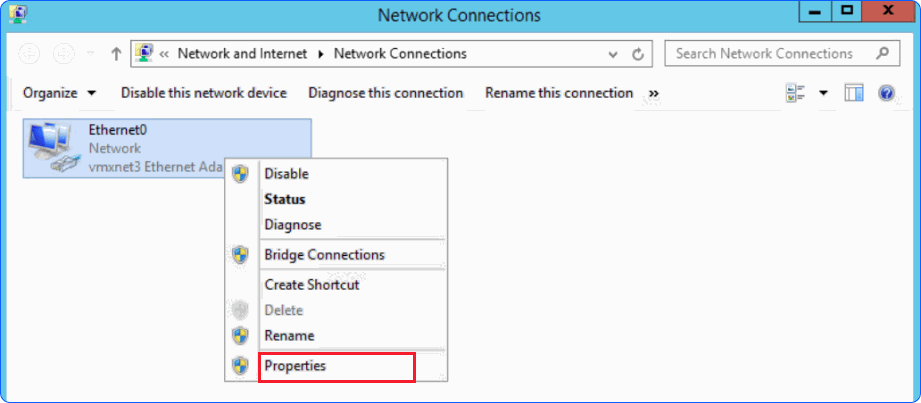 Network adapter list with right-click context menu showing Properties option