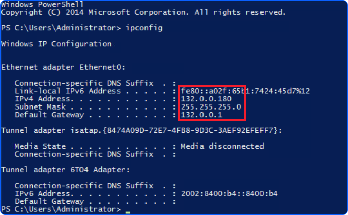 Output of ipconfig command in PowerShell on the Windows VM