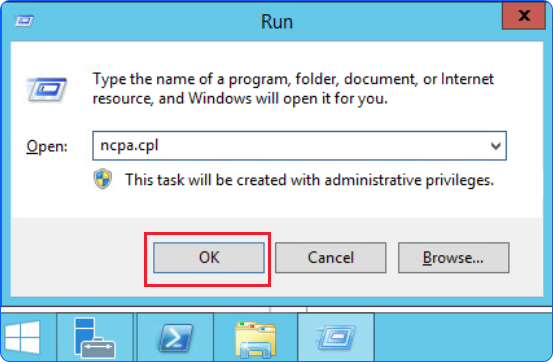 Run dialog with ncpa.cpl command to open Network Connections