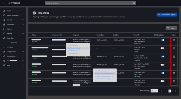 Report list with trash icon