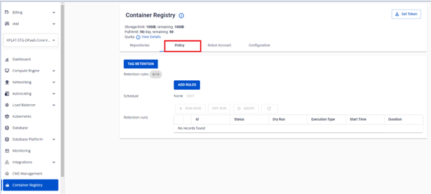 Policy tab on Container Registry
