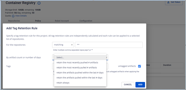 Tag retention rule creation form