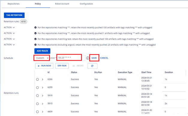 Custom schedule configuration example