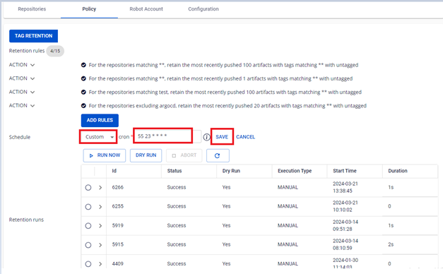 Custom schedule configuration example