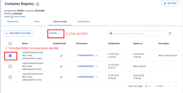 Select robot account in the list