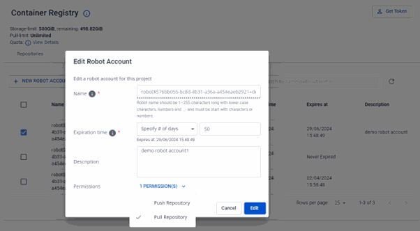 Robot account edit dialog