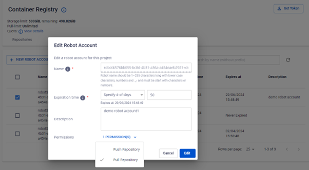 Robot account edit dialog