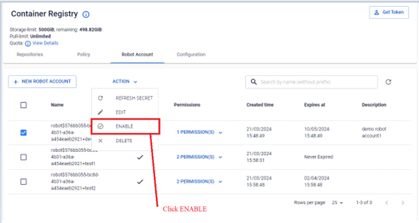 Select ACTION ENABLE