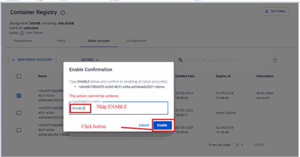 Enter ENABLE to confirm
