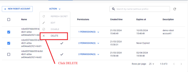 Select multiple robot accounts for deletion