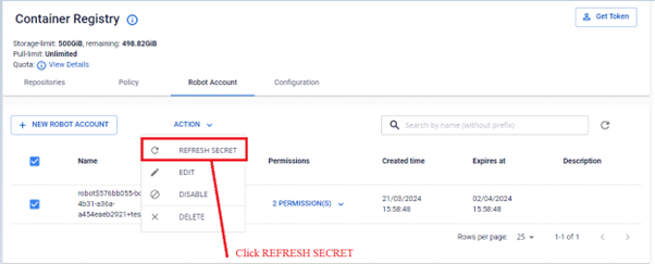 Select ACTION REFRESH SECRET