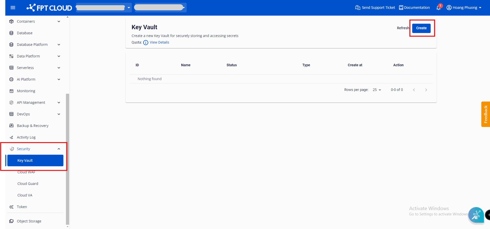 Key Vault list screen with Create button
