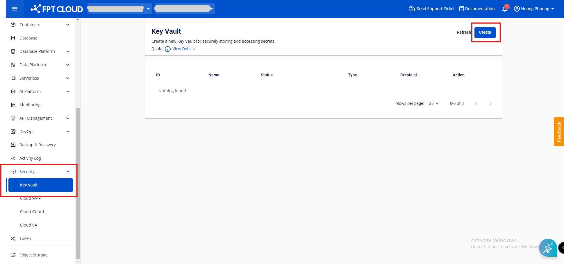 Key Vault list screen with Create button
