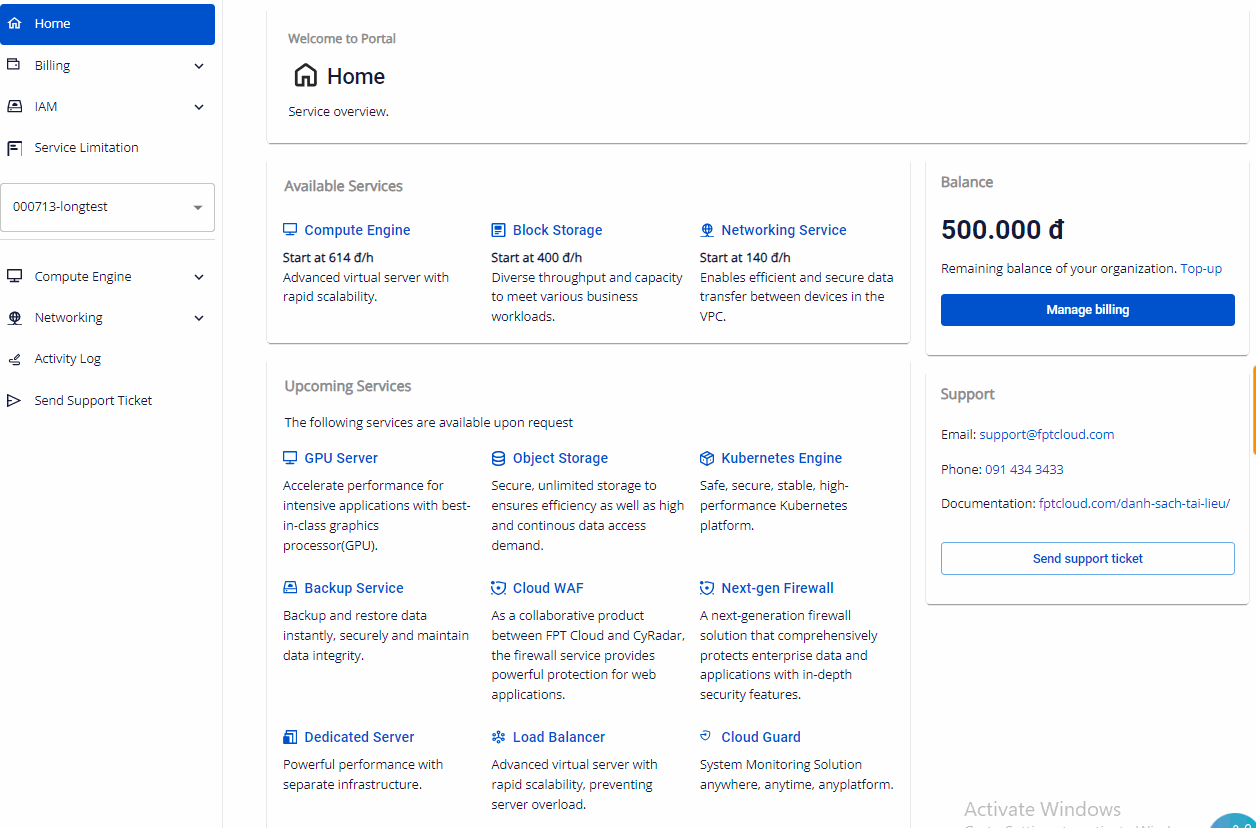 FPT Cloud Portal home page