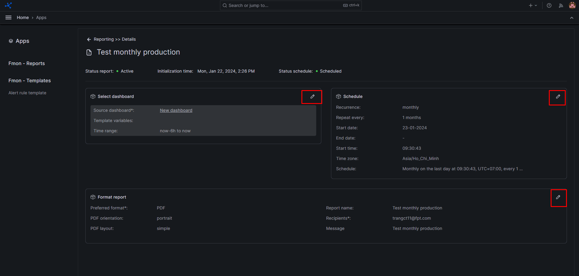 Report detail screen with edit icons