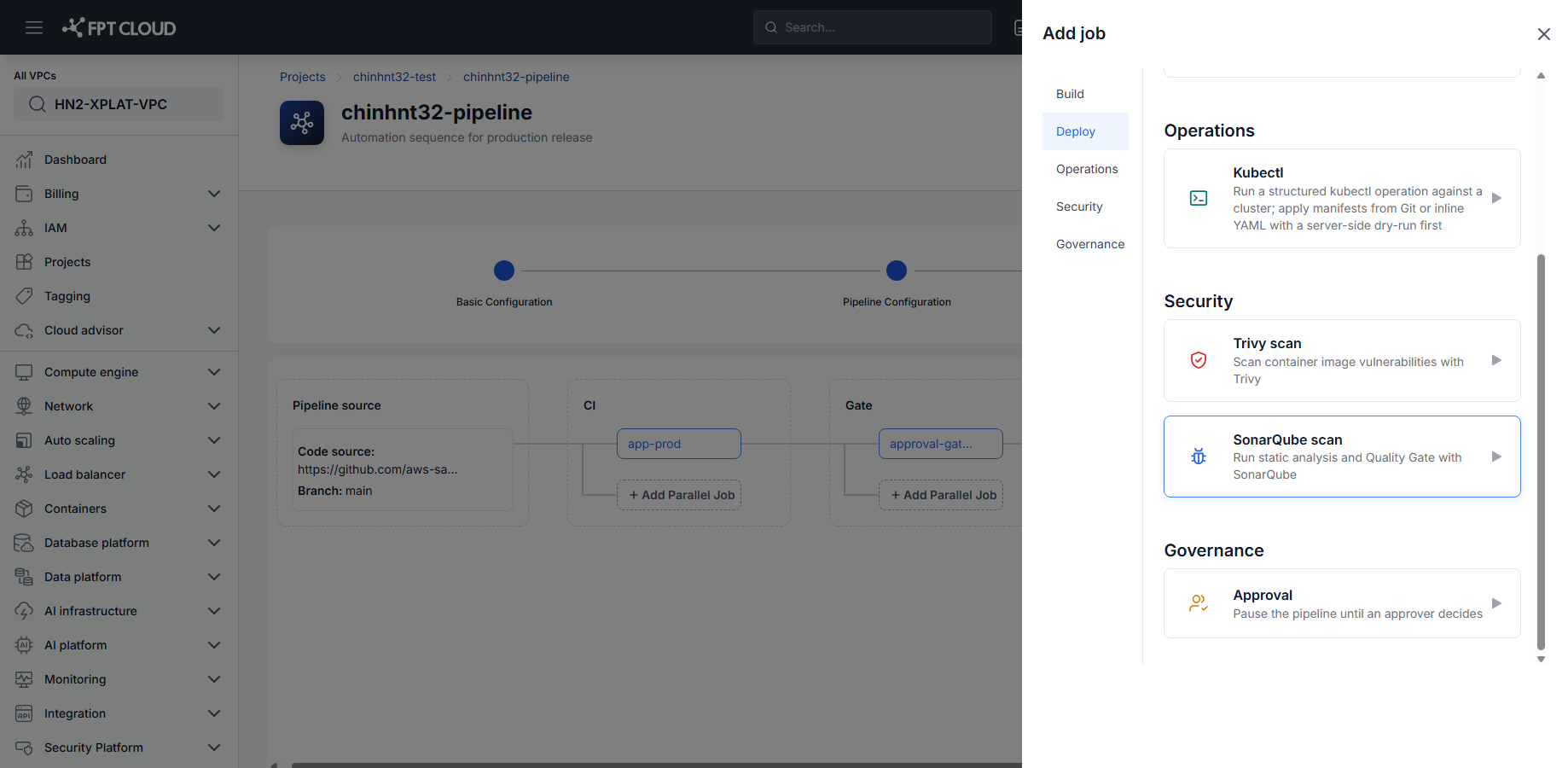 Add job menu — SonarQube scan
