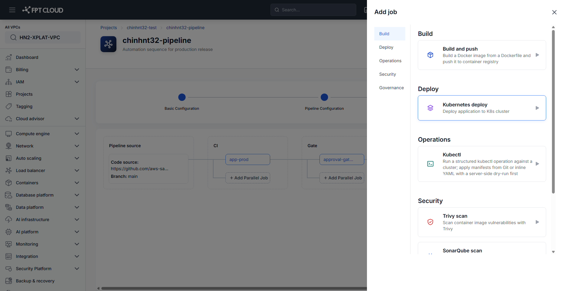 Add job menu — Kubernetes deploy