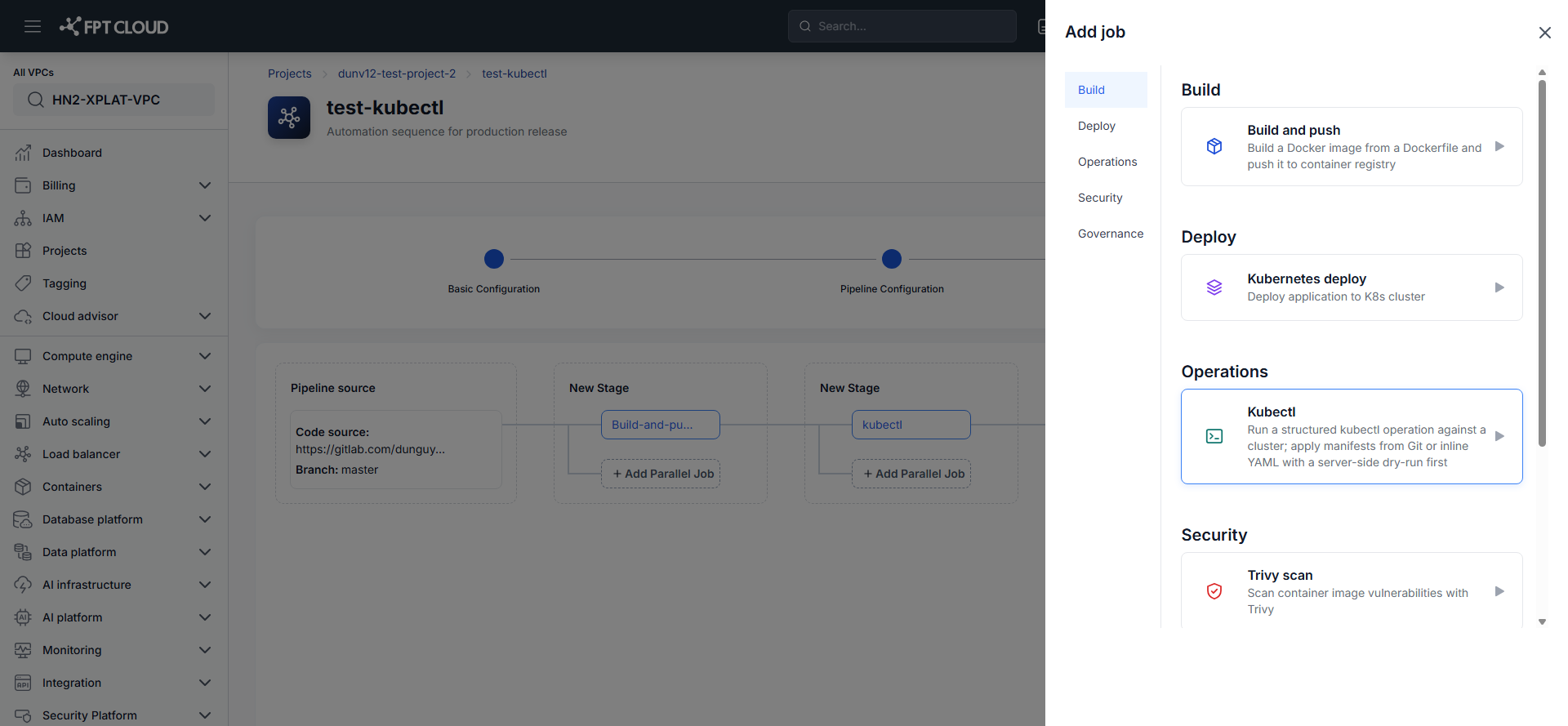 Add job menu — Kubectl