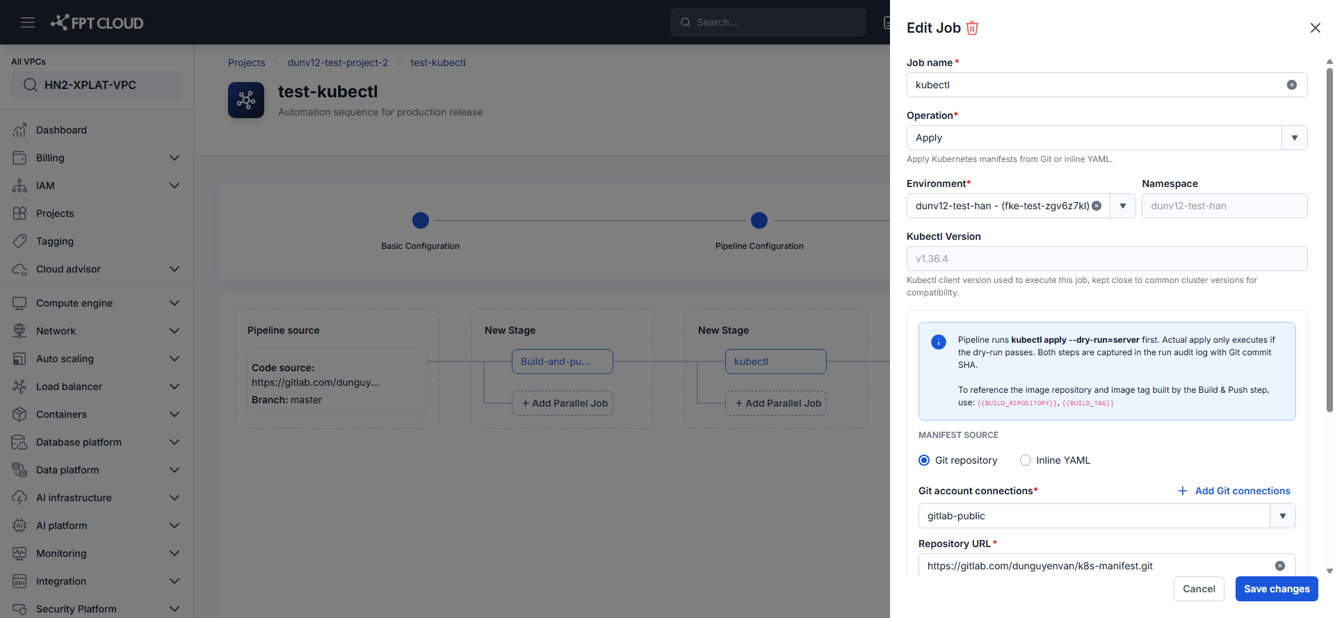 Edit Job panel — Kubectl, Apply operation