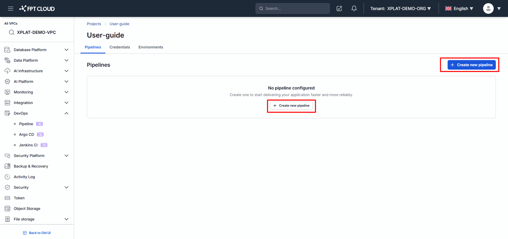 Create pipeline button