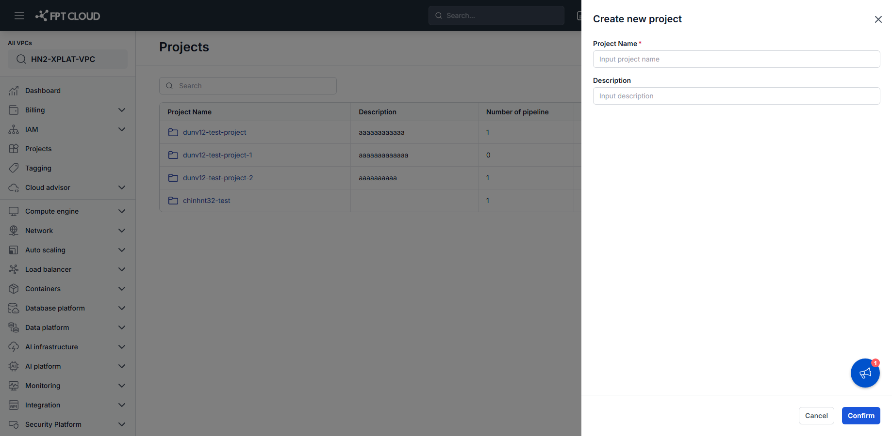Create project form