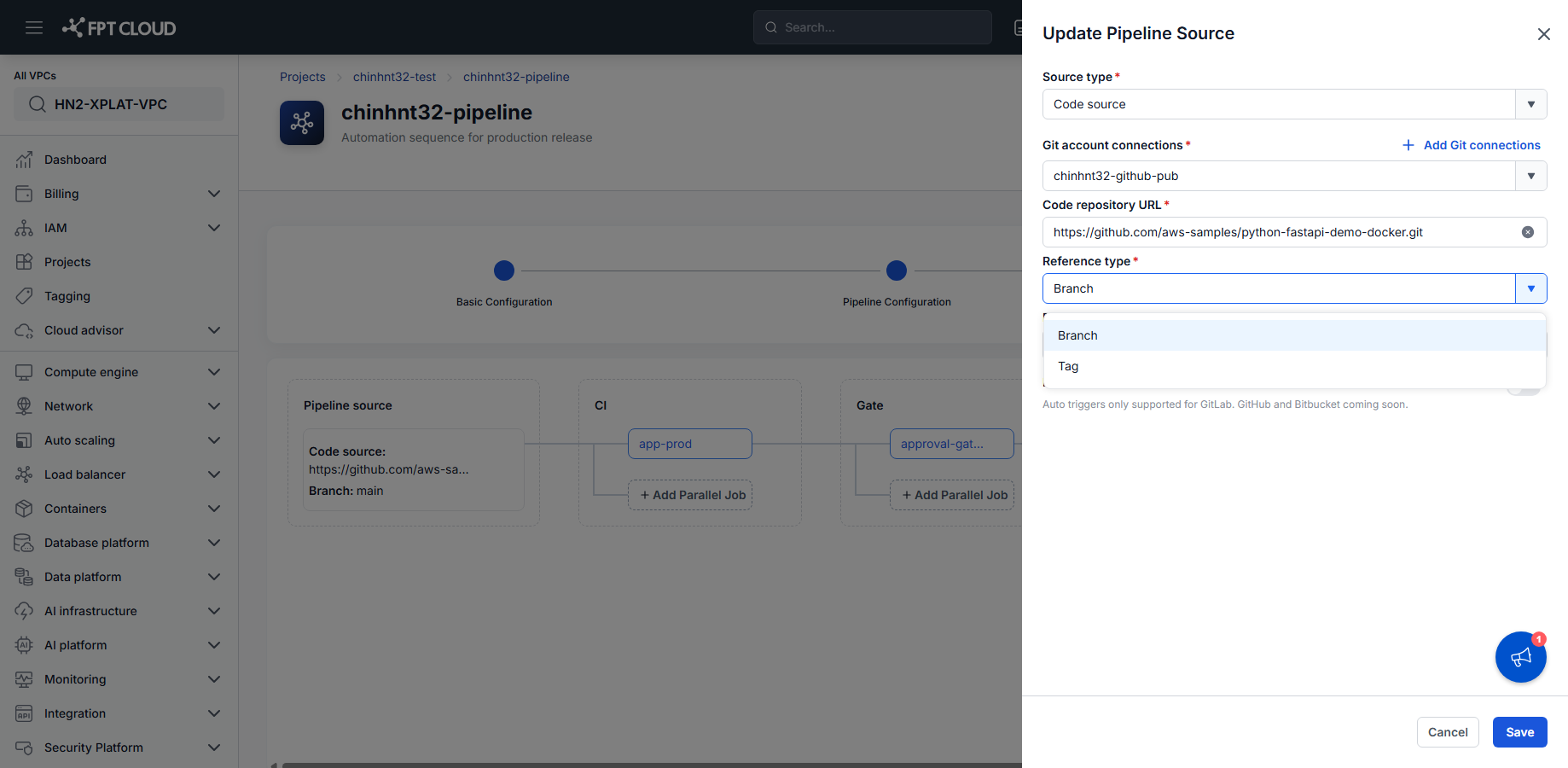 Update Pipeline Source panel opened from the Triggers step