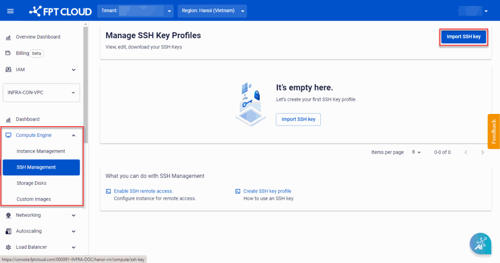 SSH Management screen with Import SSH key button