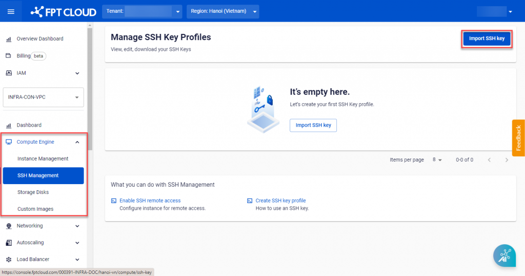 SSH Management screen with Import SSH key button