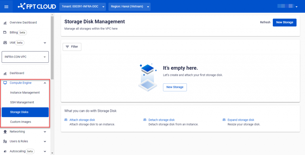 Storage Disk Management screen