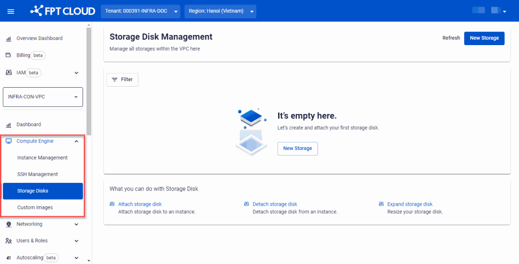 Storage Disk Management screen