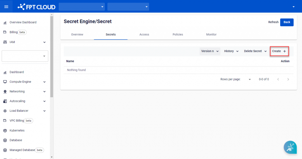 Secret list with Create button