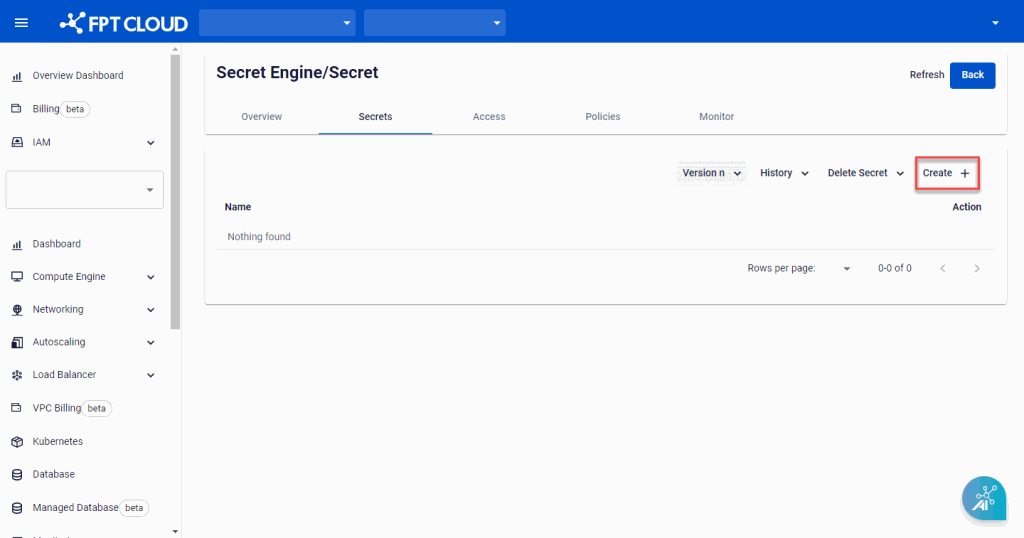 Secret list with Create button
