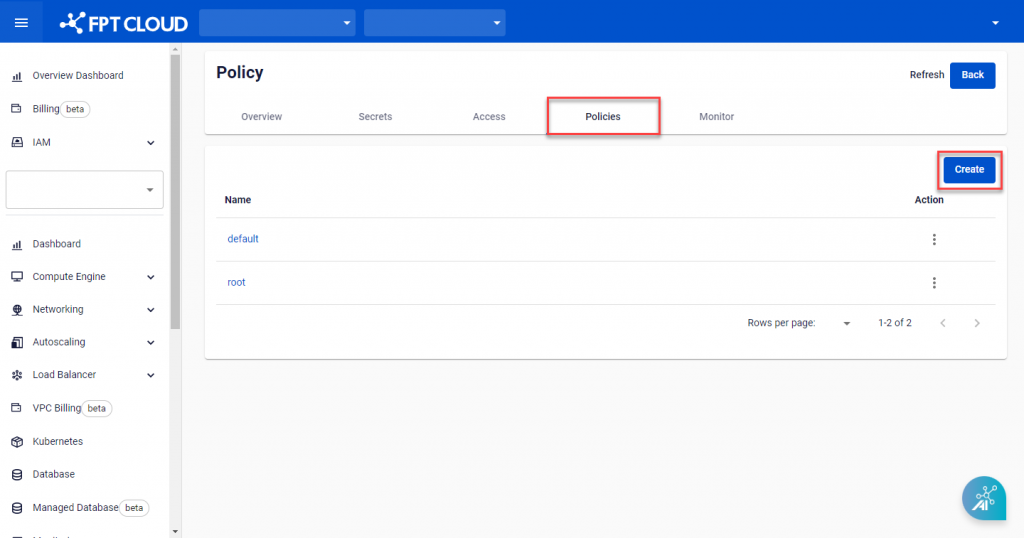 Policies tab with Create button