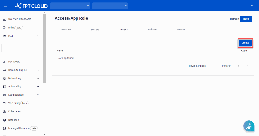 Access Detail screen with Create button