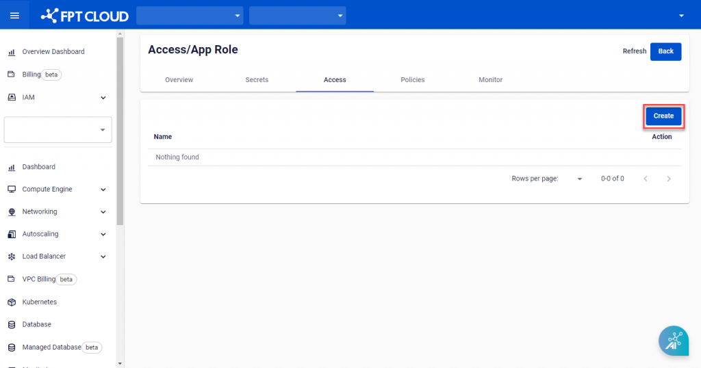 Access Detail screen with Create button