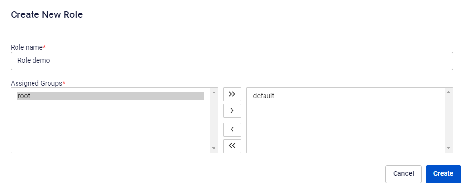 Create New Role form with Role Name and Assigned Groups fields