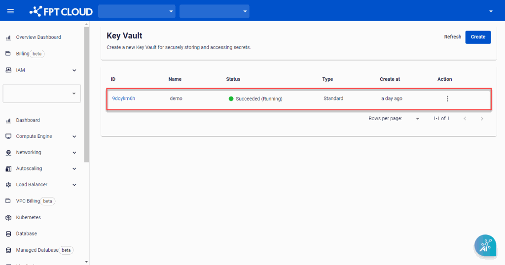 Key Vault Management list screen