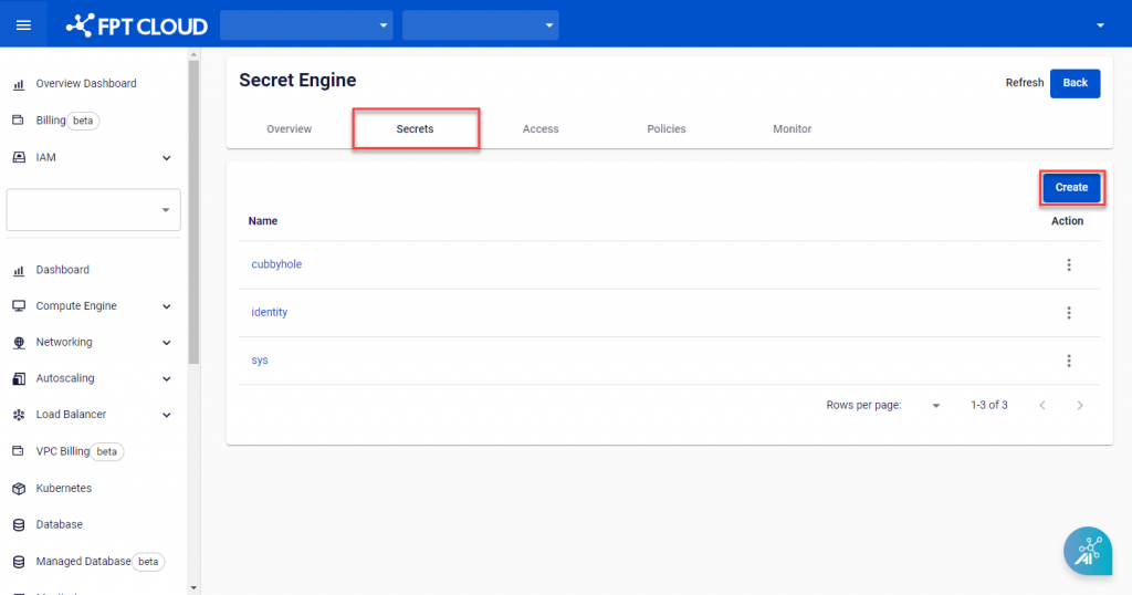Secret tab with Create button